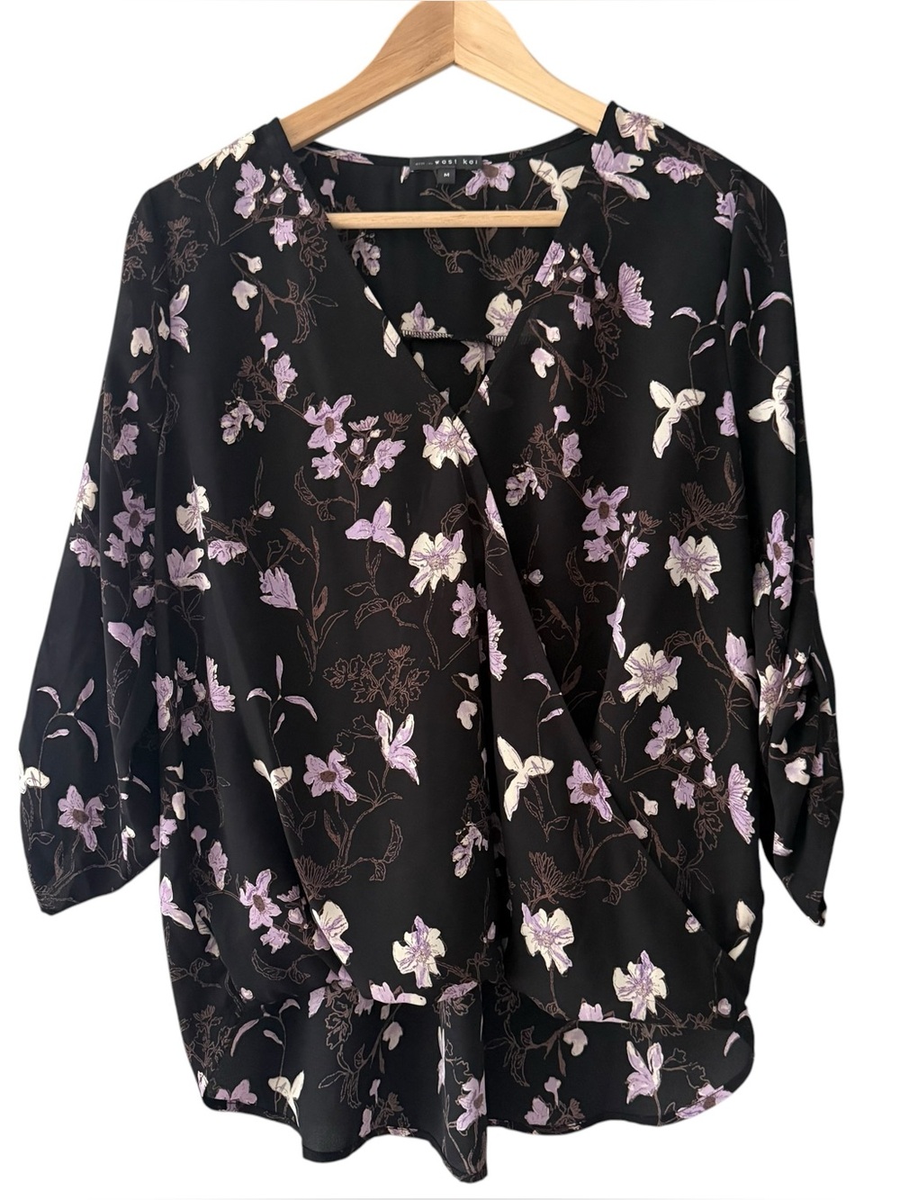 West Kei Black Wrap Blouse with Lavender Floral Print